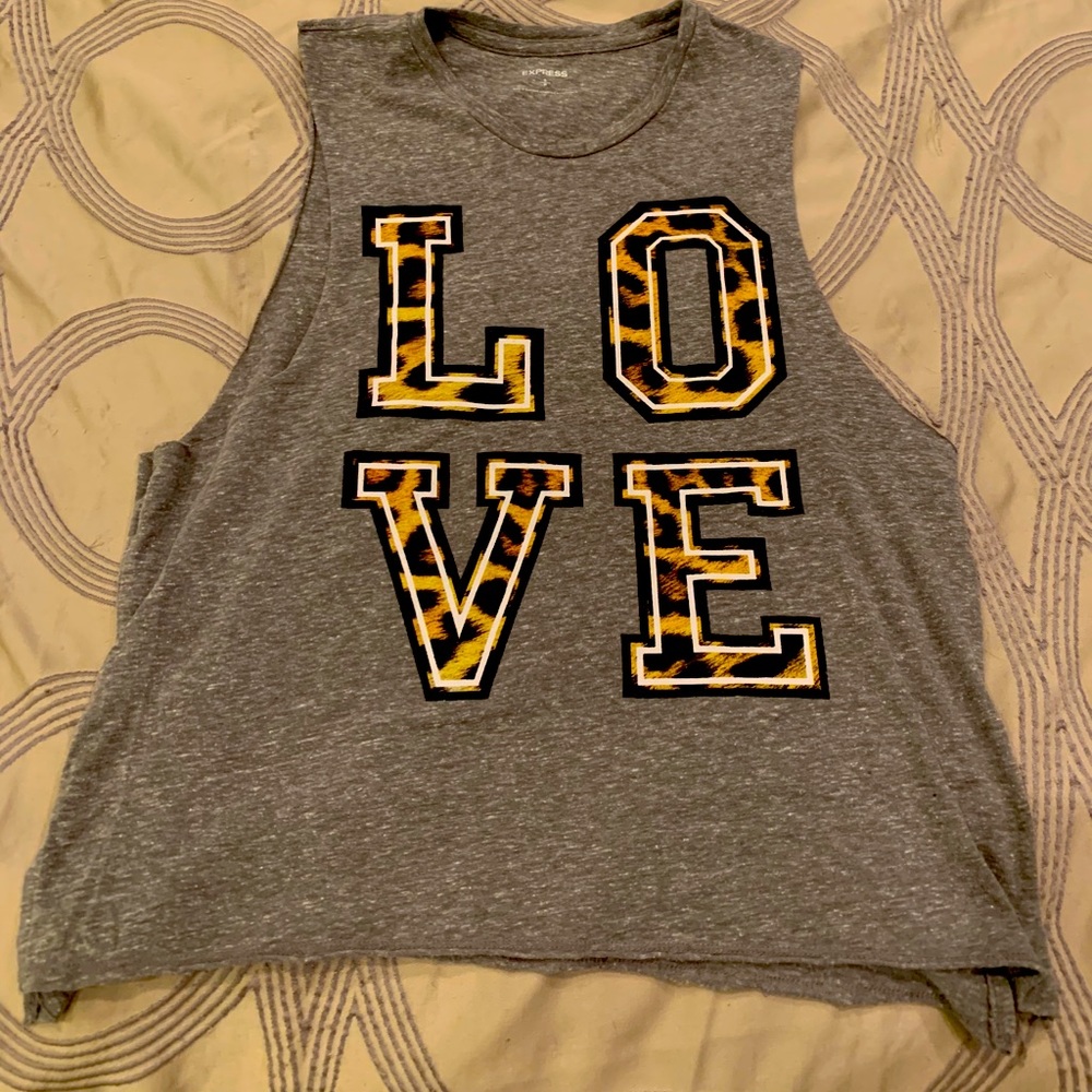 Heather gray/leopard “LOVE” muscle-tee.
